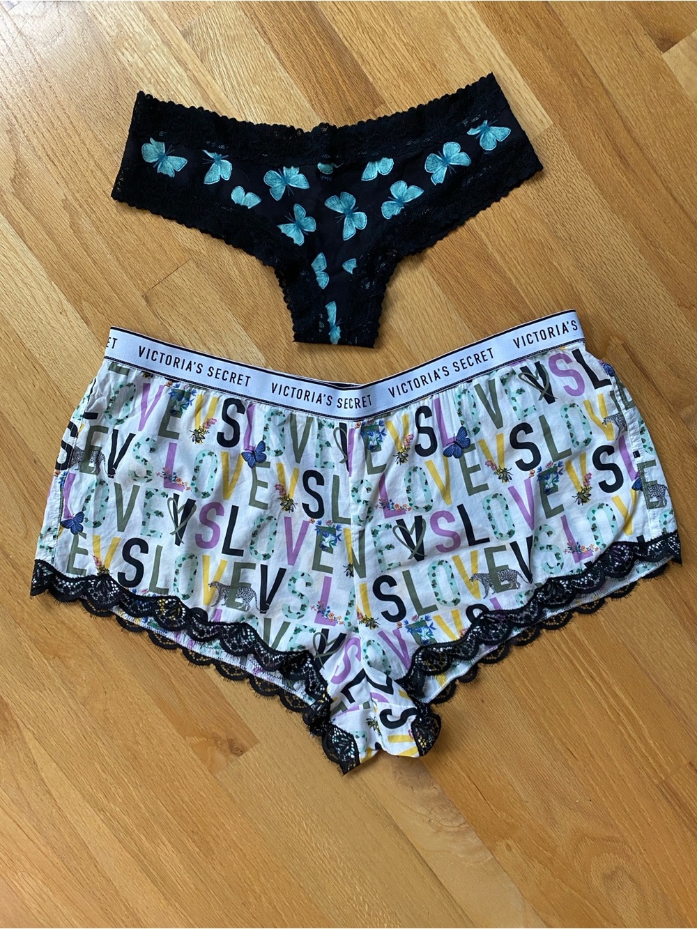 Victoria's Secret  Butterfly Lace Thong & Multicolor 'Love' sleep Shorts NEW